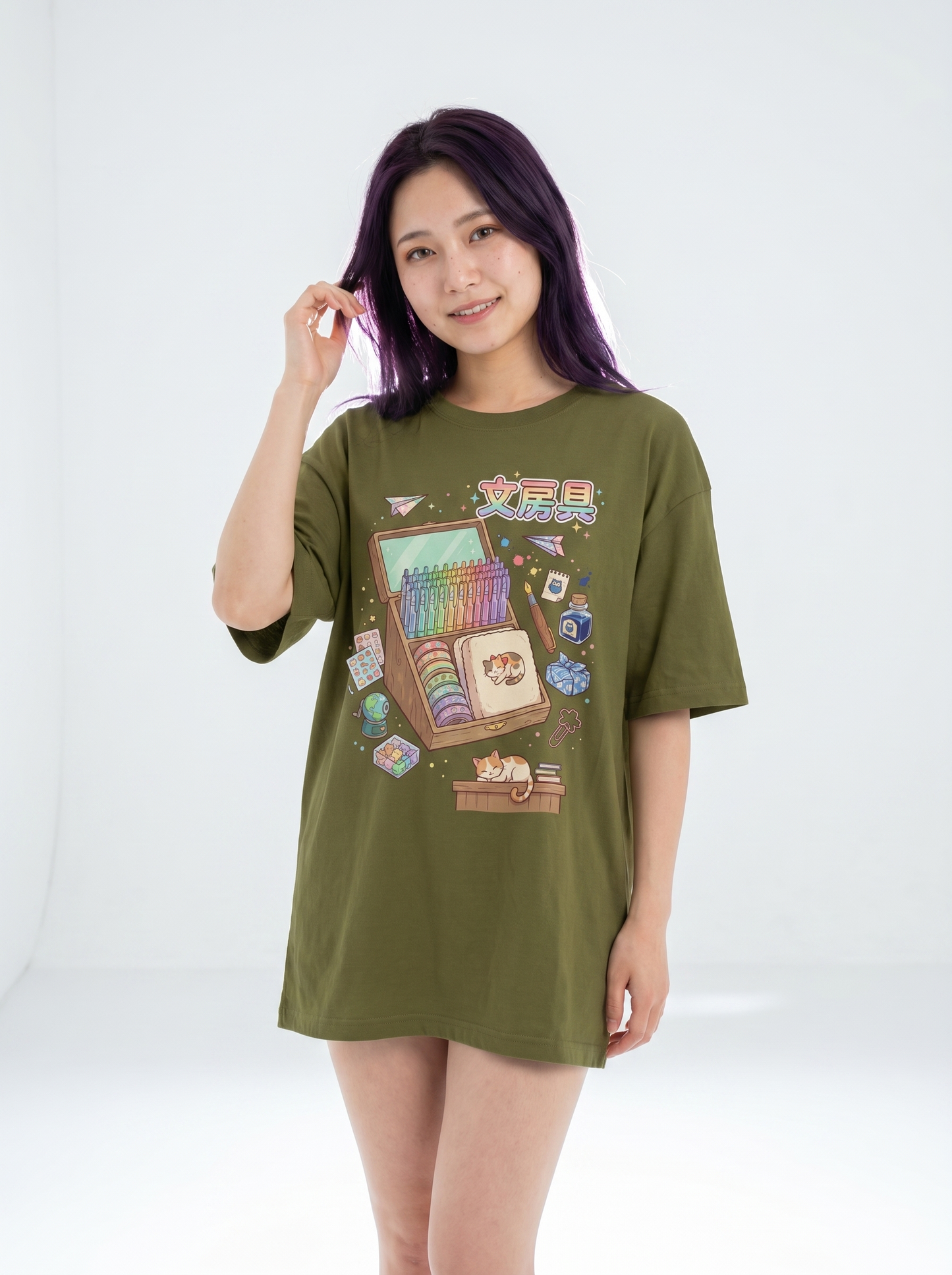 可愛い文房具＆寝そべり猫 オーバーサイズTシャツ | ストリートウェア
