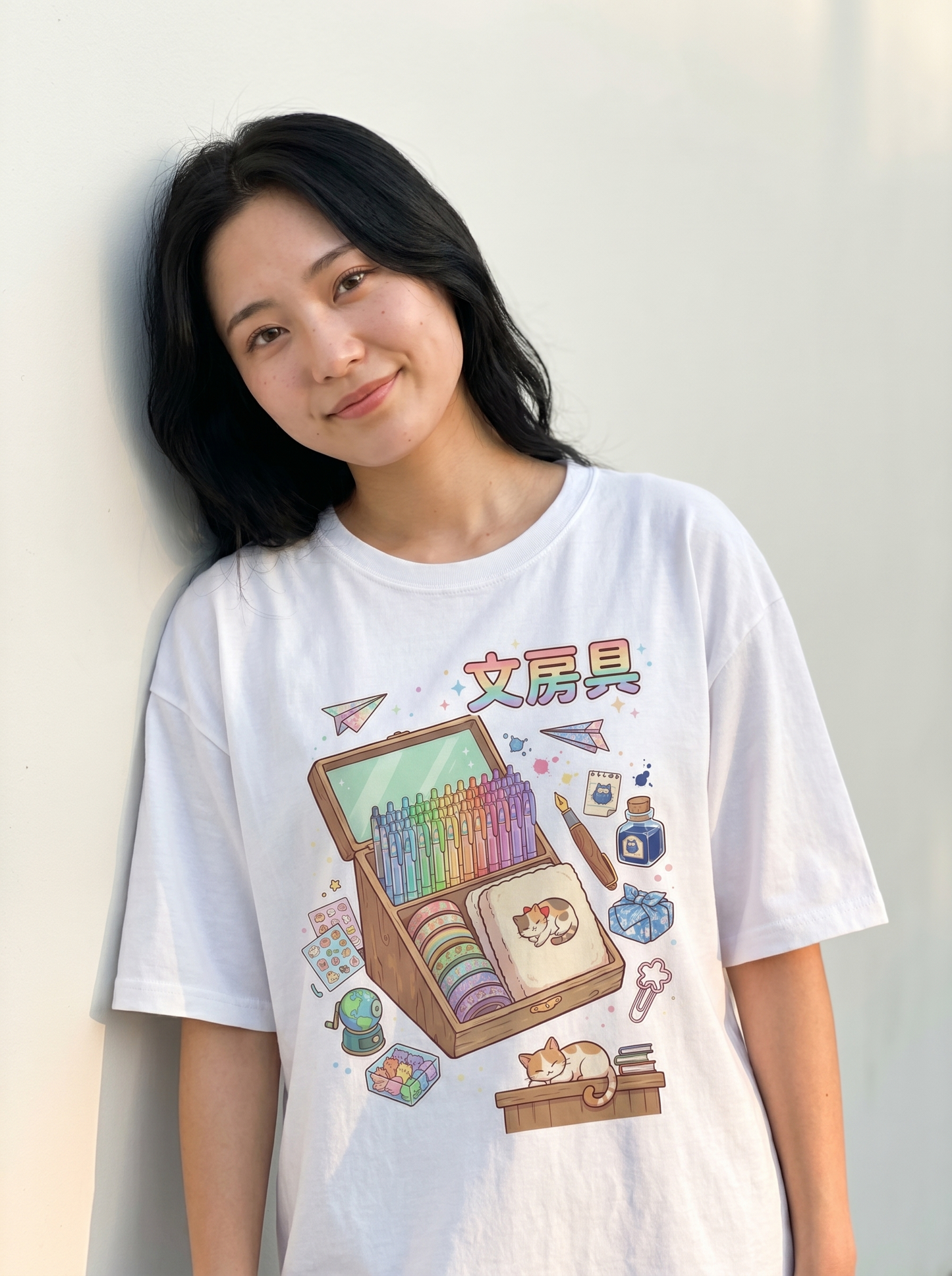 可愛い文房具＆寝そべり猫 オーバーサイズTシャツ | ストリートウェア