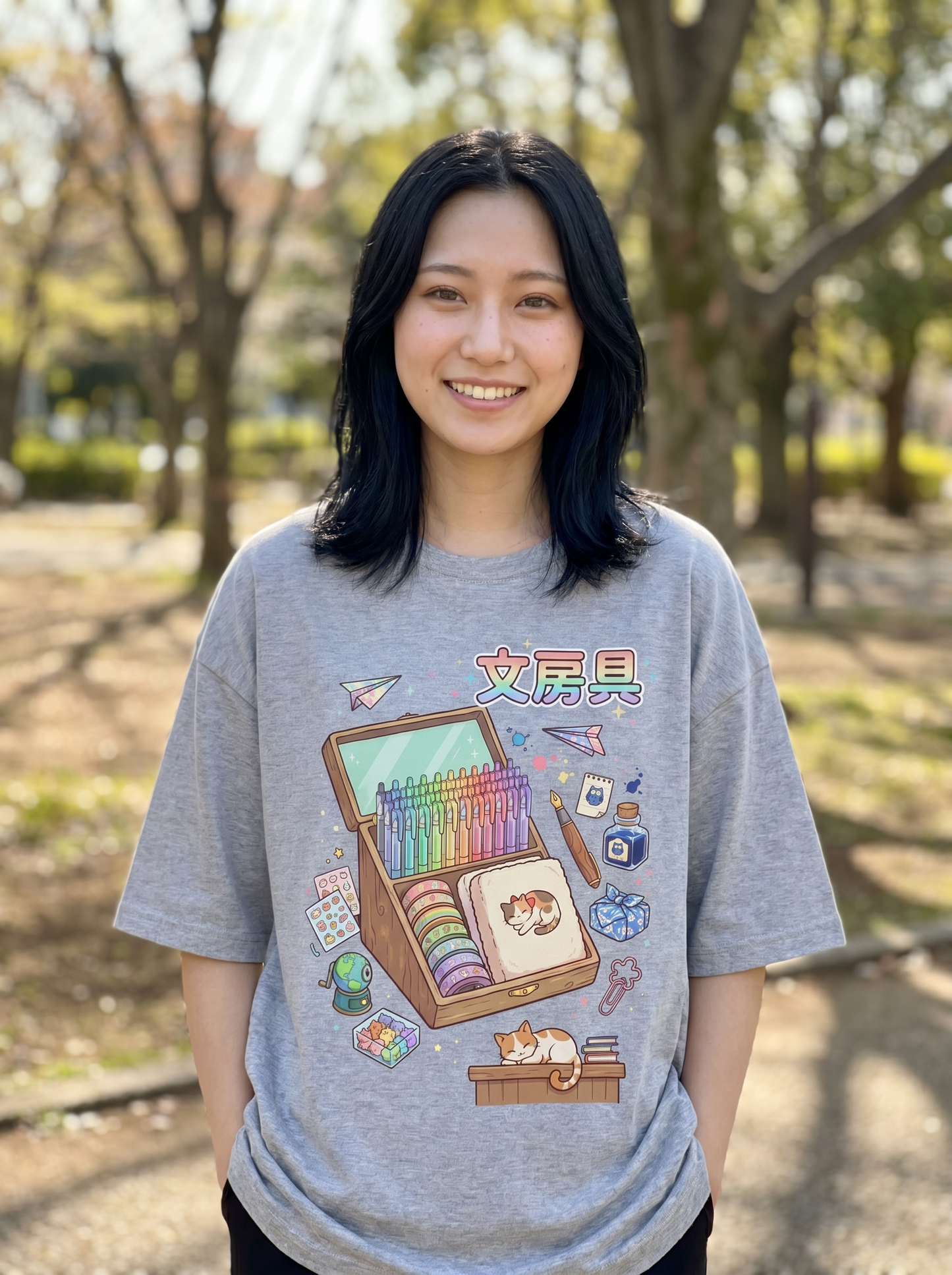 可愛い文房具＆寝そべり猫 オーバーサイズTシャツ | ストリートウェア