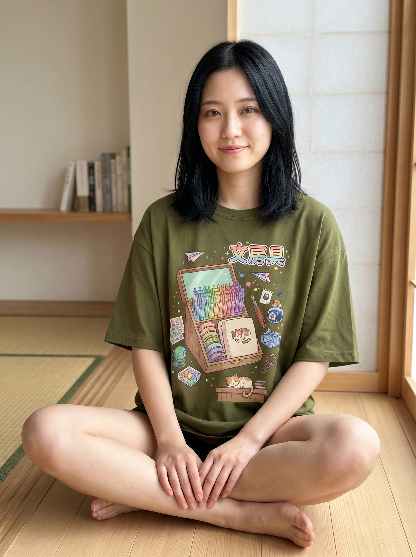 可愛い文房具＆寝そべり猫 オーバーサイズTシャツ | ストリートウェア