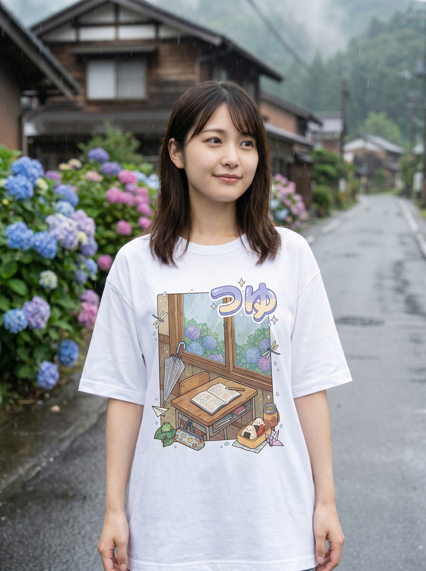オーバーサイズ ユニセックスTシャツ- 雨の日教室 | アニメ風デザイン