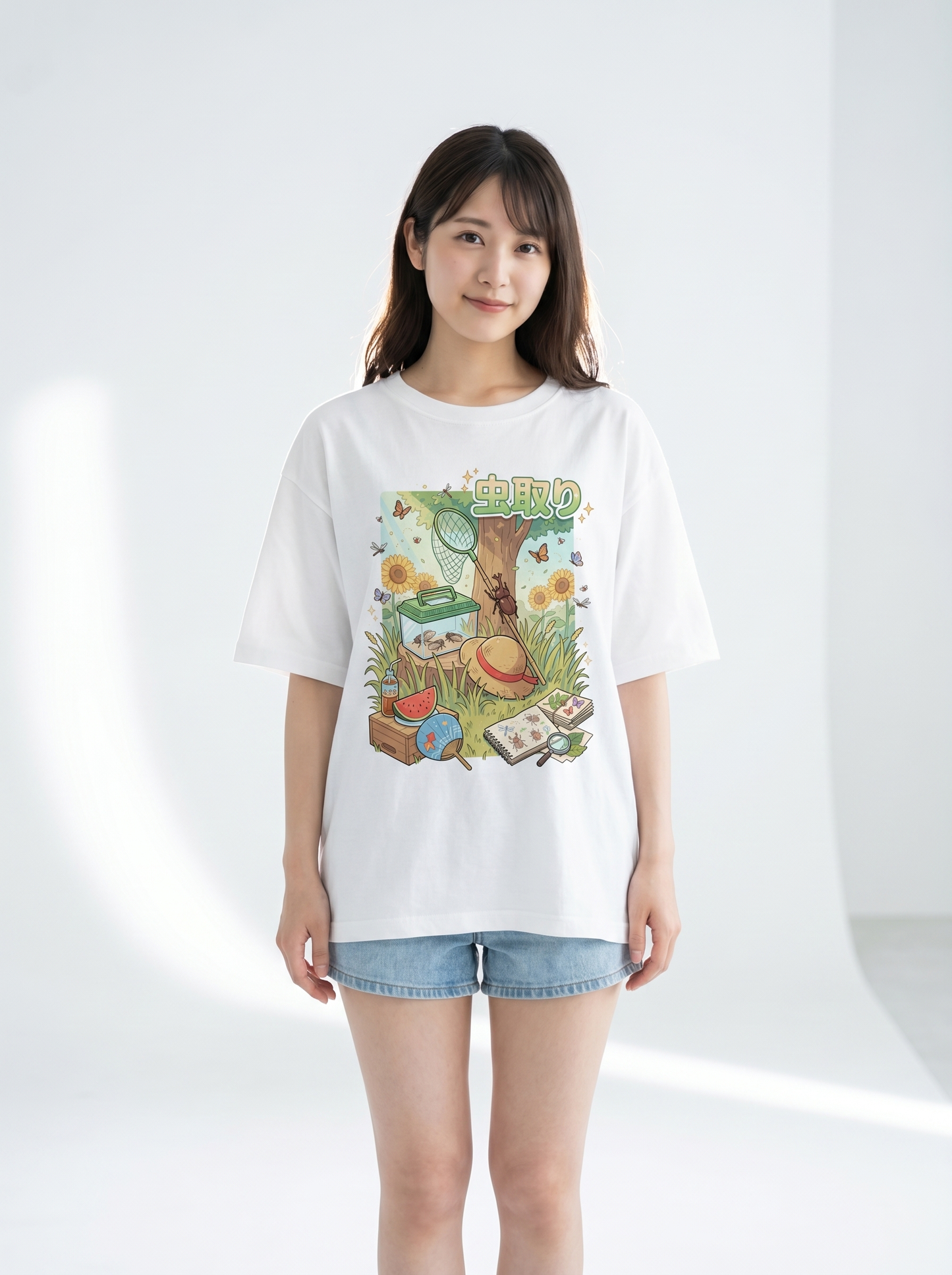 ユニセックス オーバーサイズ「昆虫採集」グラフィックTシャツ | 夏の思い出