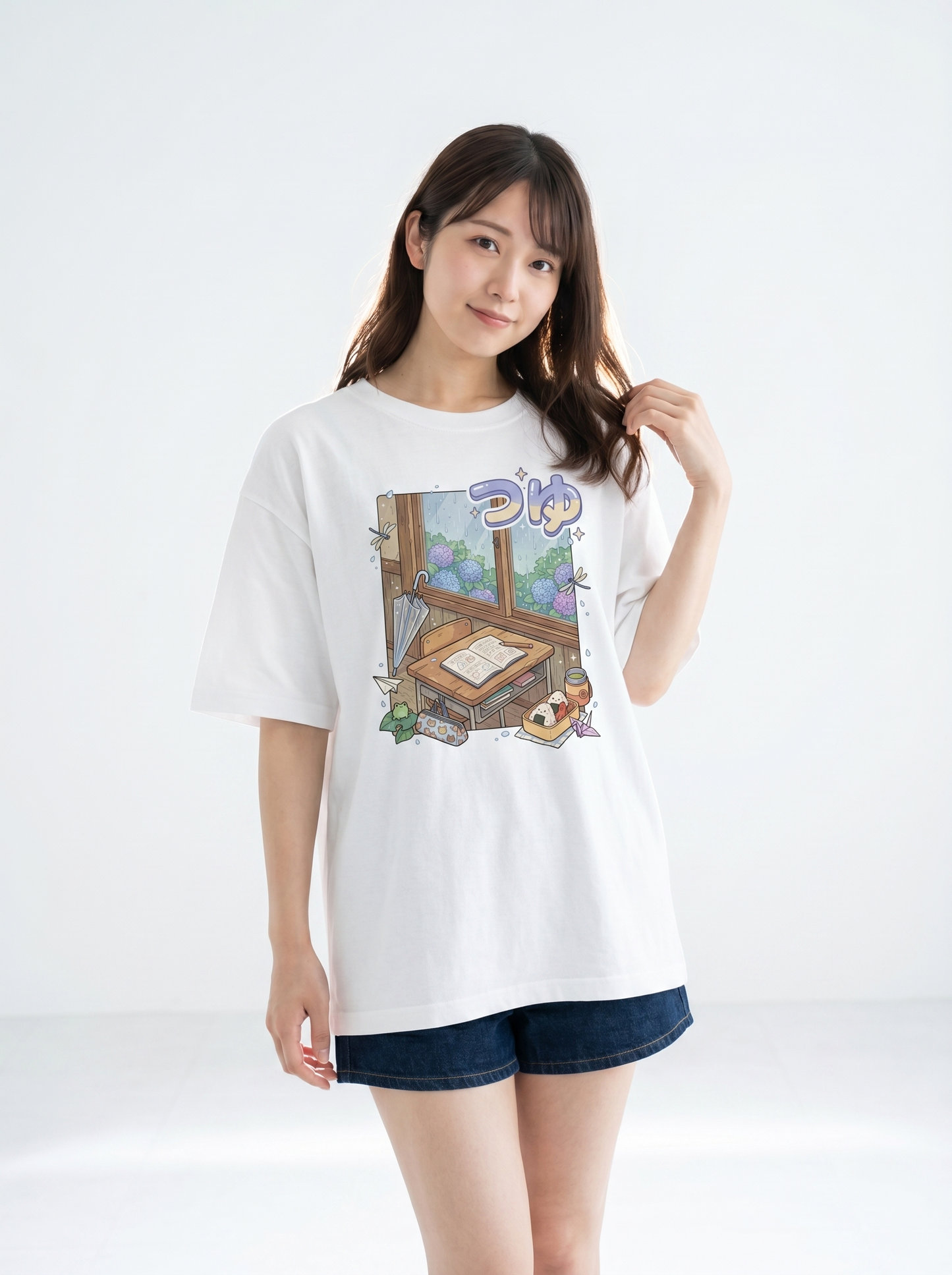 オーバーサイズ ユニセックスTシャツ- 雨の日教室 | アニメ風デザイン