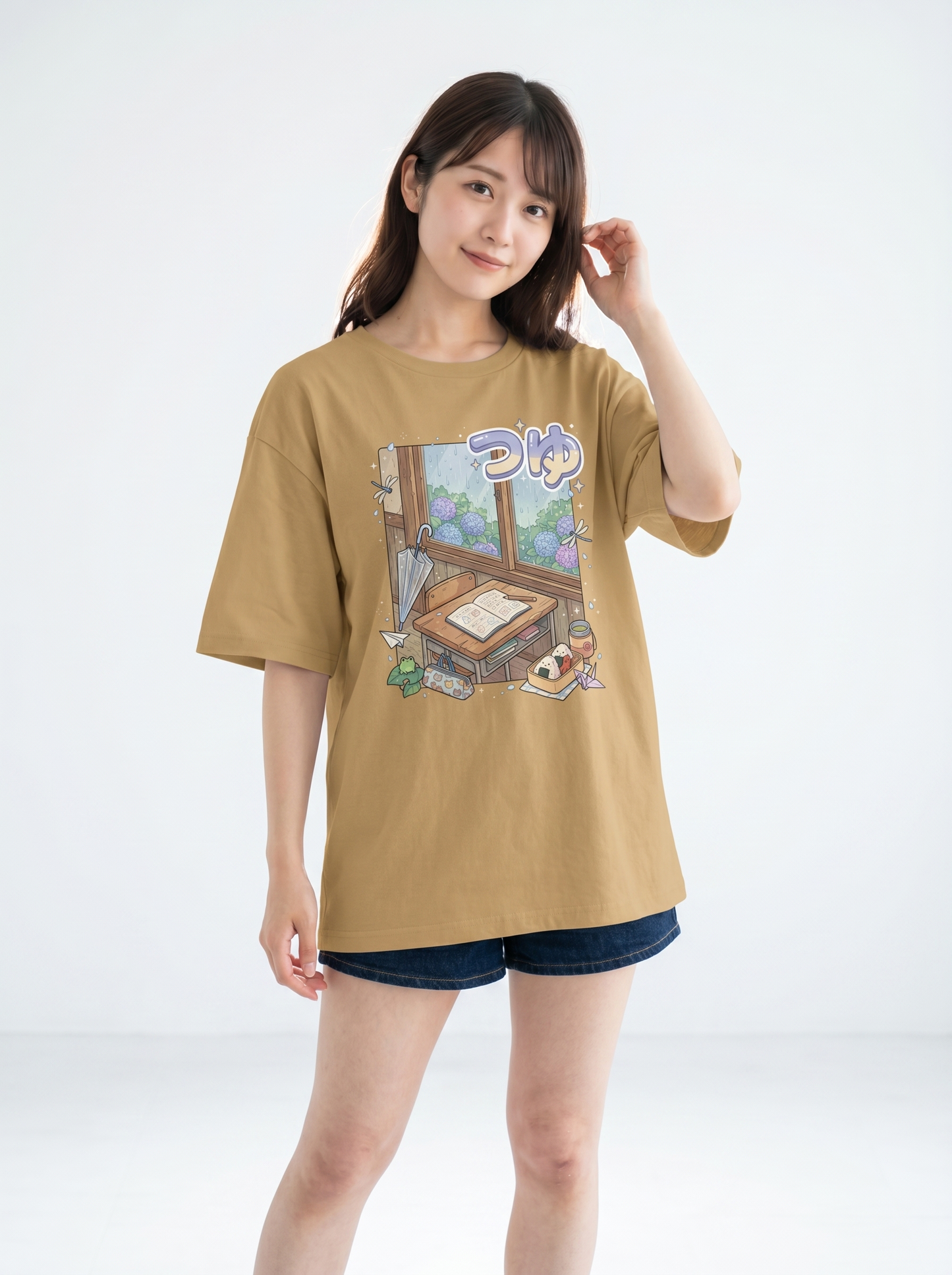 オーバーサイズ ユニセックスTシャツ- 雨の日教室 | アニメ風デザイン