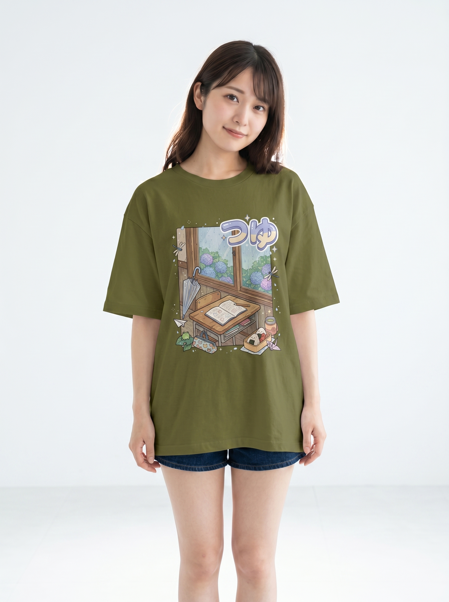 オーバーサイズ ユニセックスTシャツ- 雨の日教室 | アニメ風デザイン