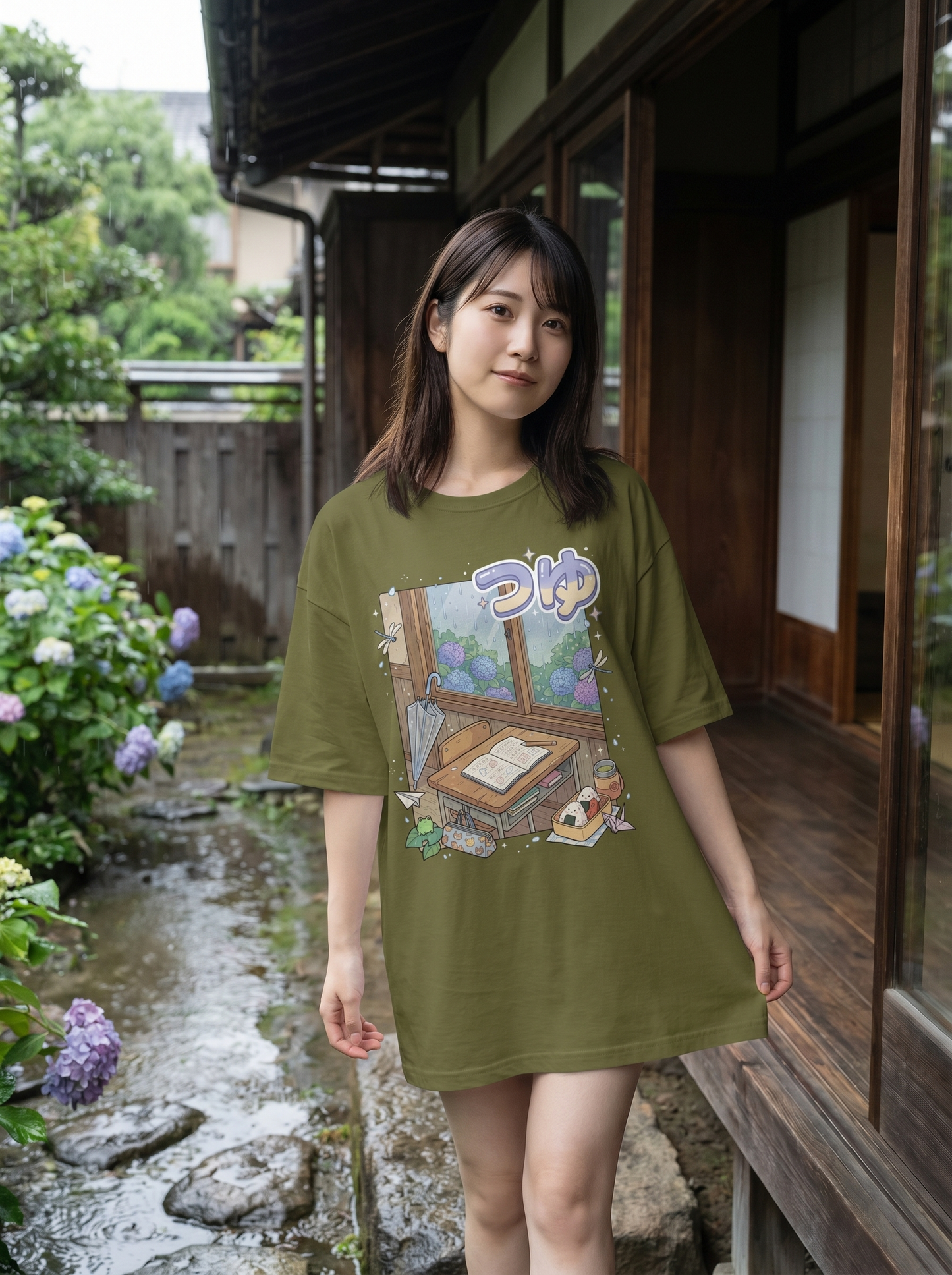 オーバーサイズ ユニセックスTシャツ- 雨の日教室 | アニメ風デザイン