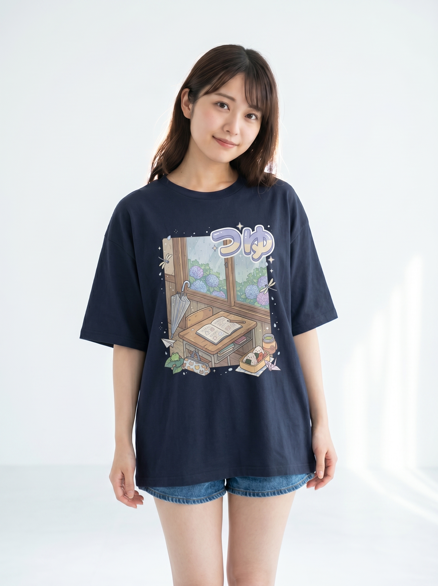 オーバーサイズ ユニセックスTシャツ- 雨の日教室 | アニメ風デザイン