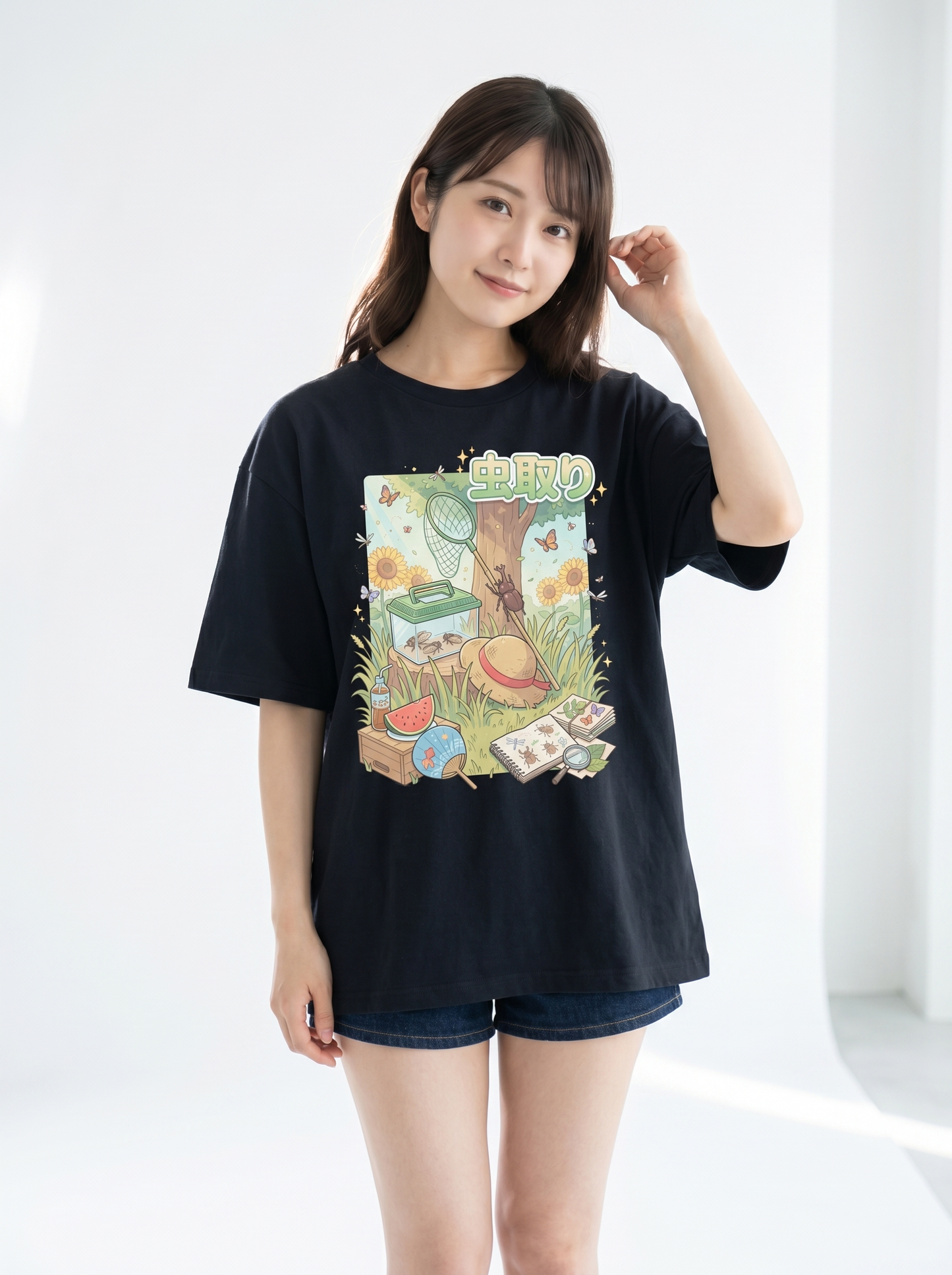ユニセックス オーバーサイズ「昆虫採集」グラフィックTシャツ | 夏の思い出