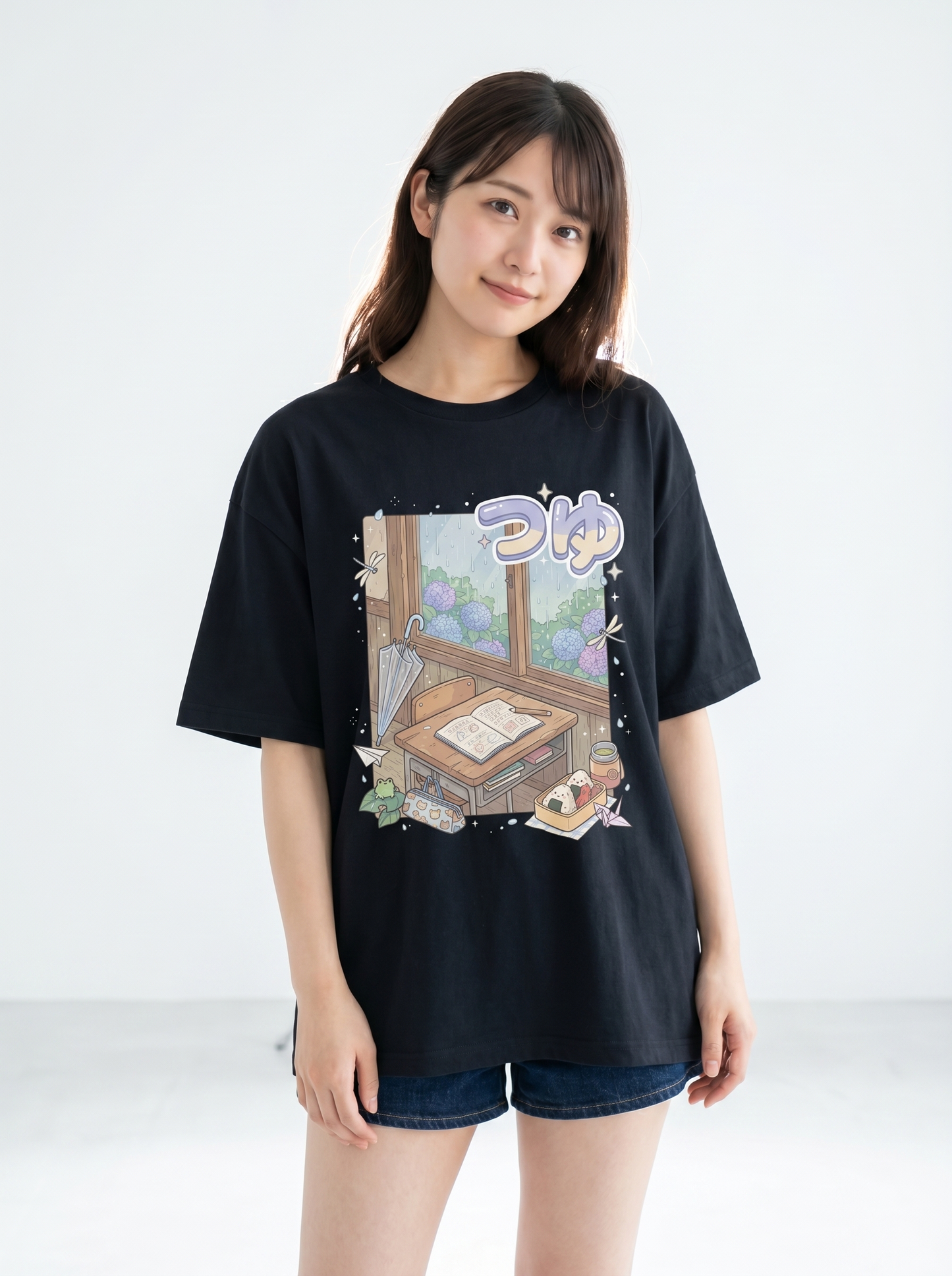 オーバーサイズ ユニセックスTシャツ- 雨の日教室 | アニメ風デザイン