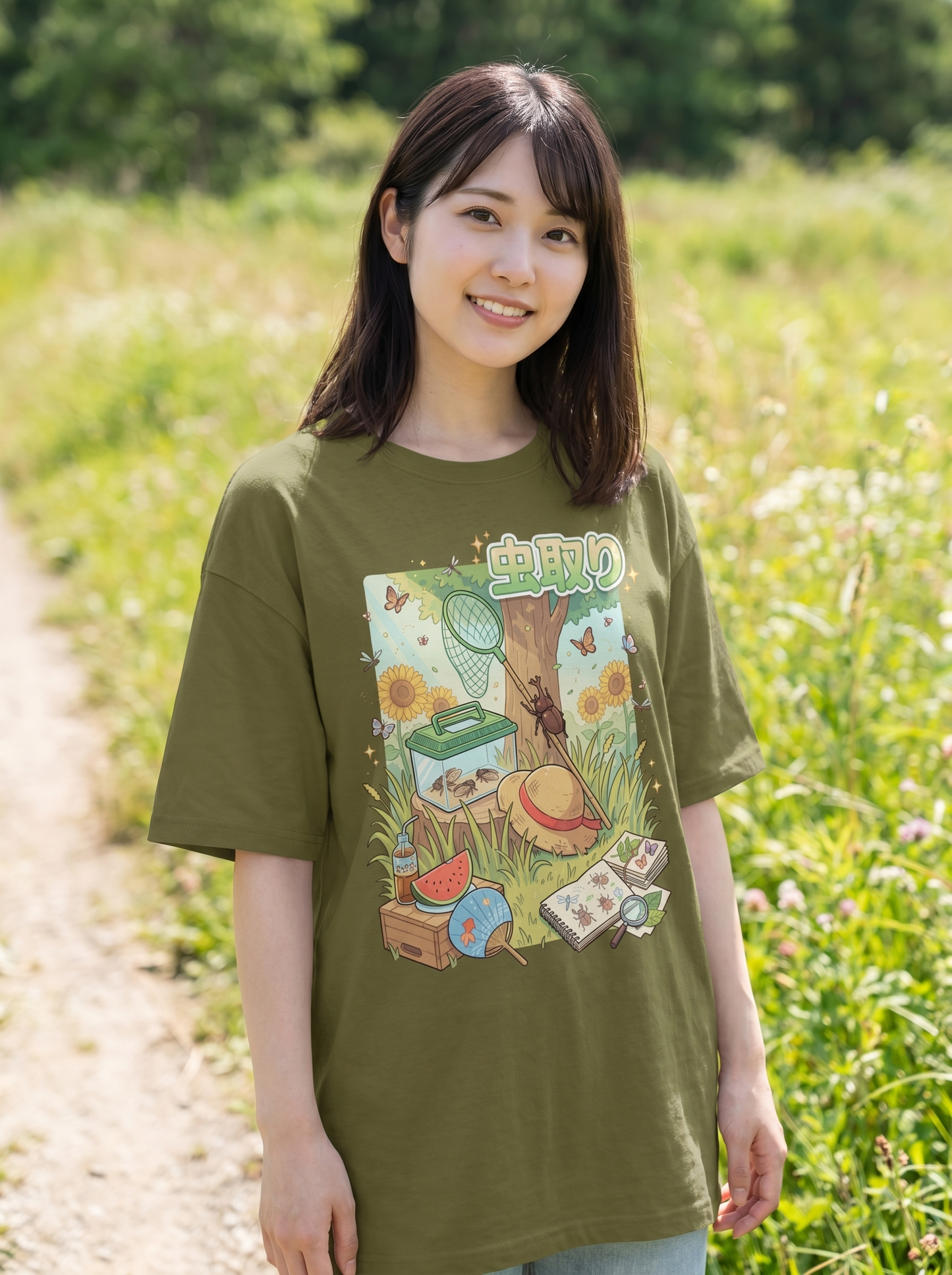 ユニセックス オーバーサイズ「昆虫採集」グラフィックTシャツ | 夏の思い出