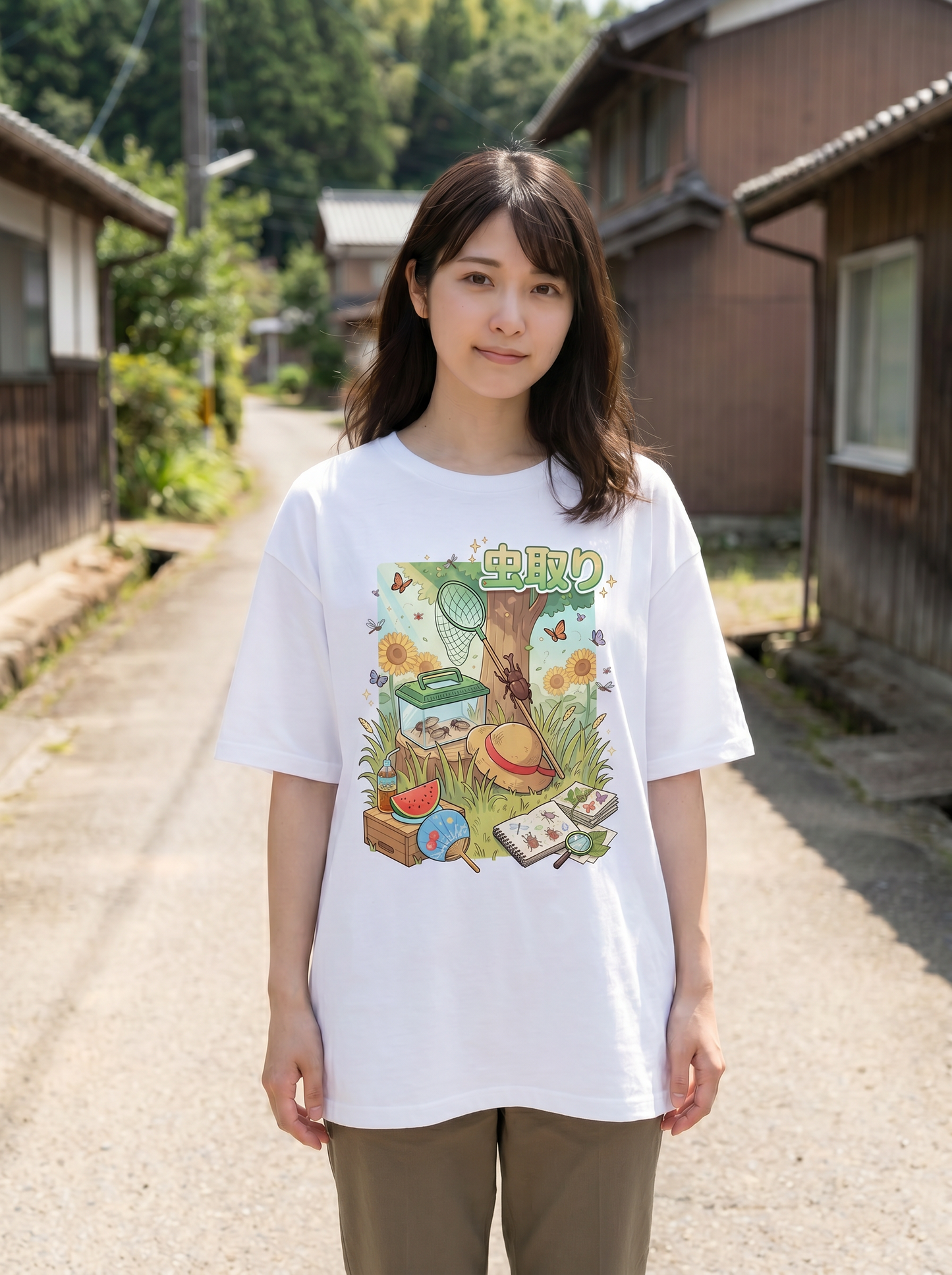 ユニセックス オーバーサイズ「昆虫採集」グラフィックTシャツ | 夏の思い出
