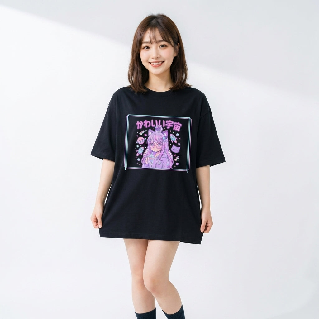 かわいい宇宙 猫耳メガネガール ビッグシルエット Tシャツ | ストリートファッション