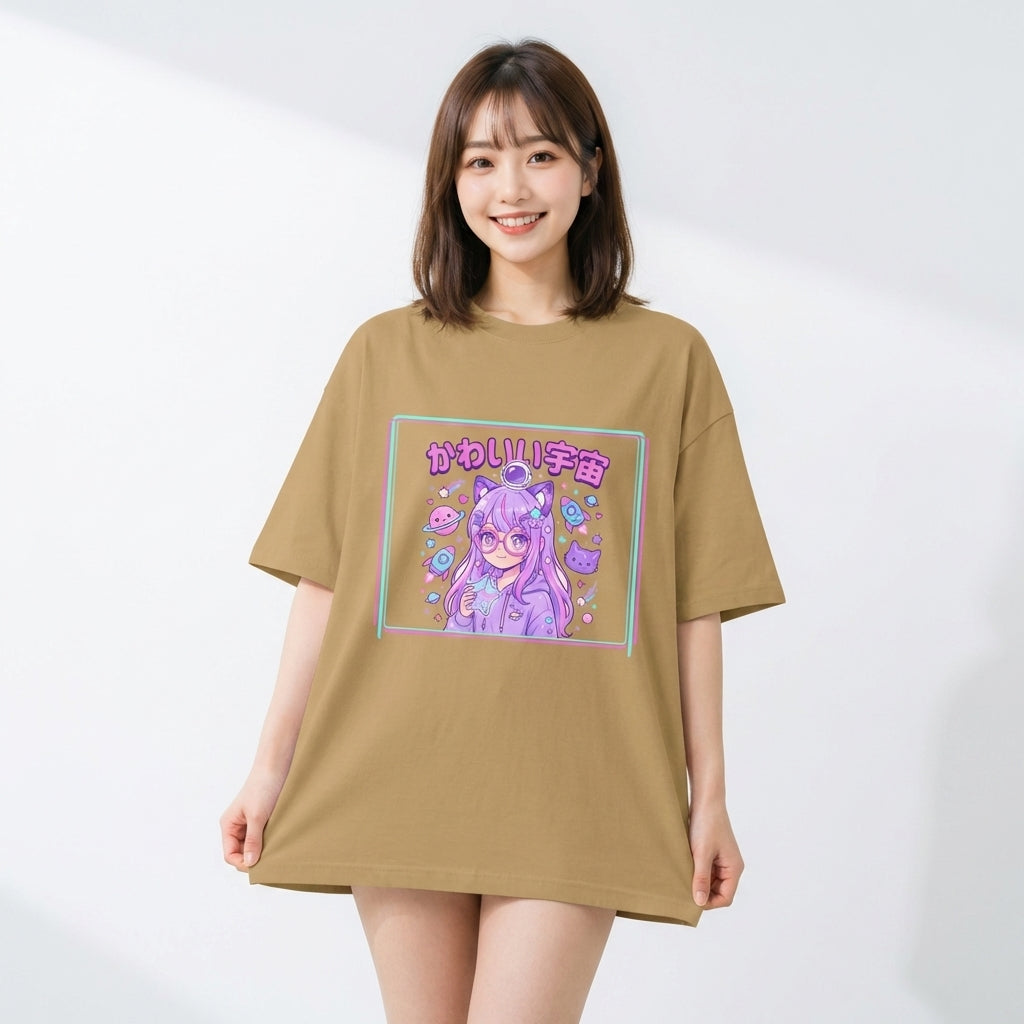 かわいい宇宙 猫耳メガネガール ビッグシルエット Tシャツ | ストリートファッション
