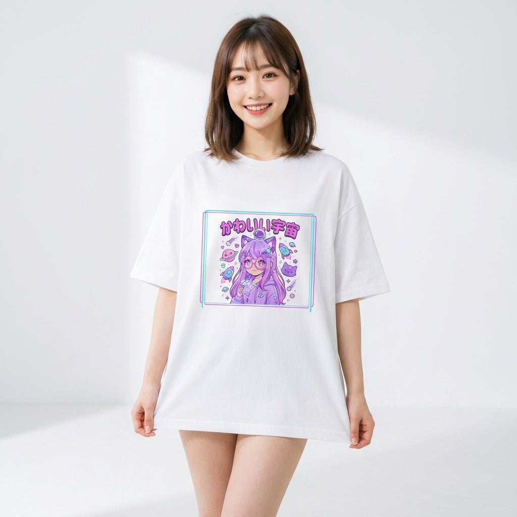 かわいい宇宙 猫耳メガネガール ビッグシルエット Tシャツ | ストリートファッション