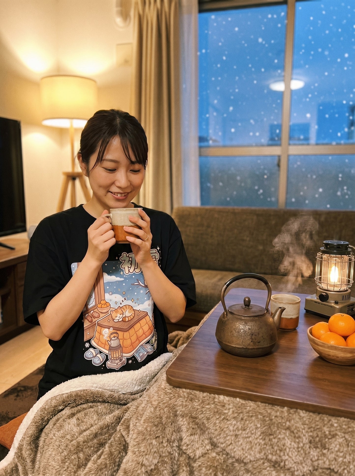 冬の猫と雪の和風アート オーバーサイズTシャツ | ストリートウェア