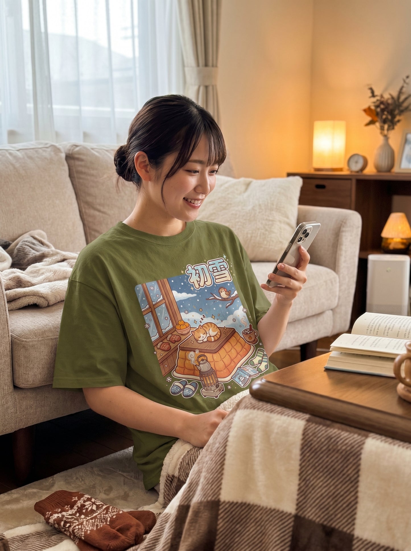 冬の猫と雪の和風アート オーバーサイズTシャツ | ストリートウェア