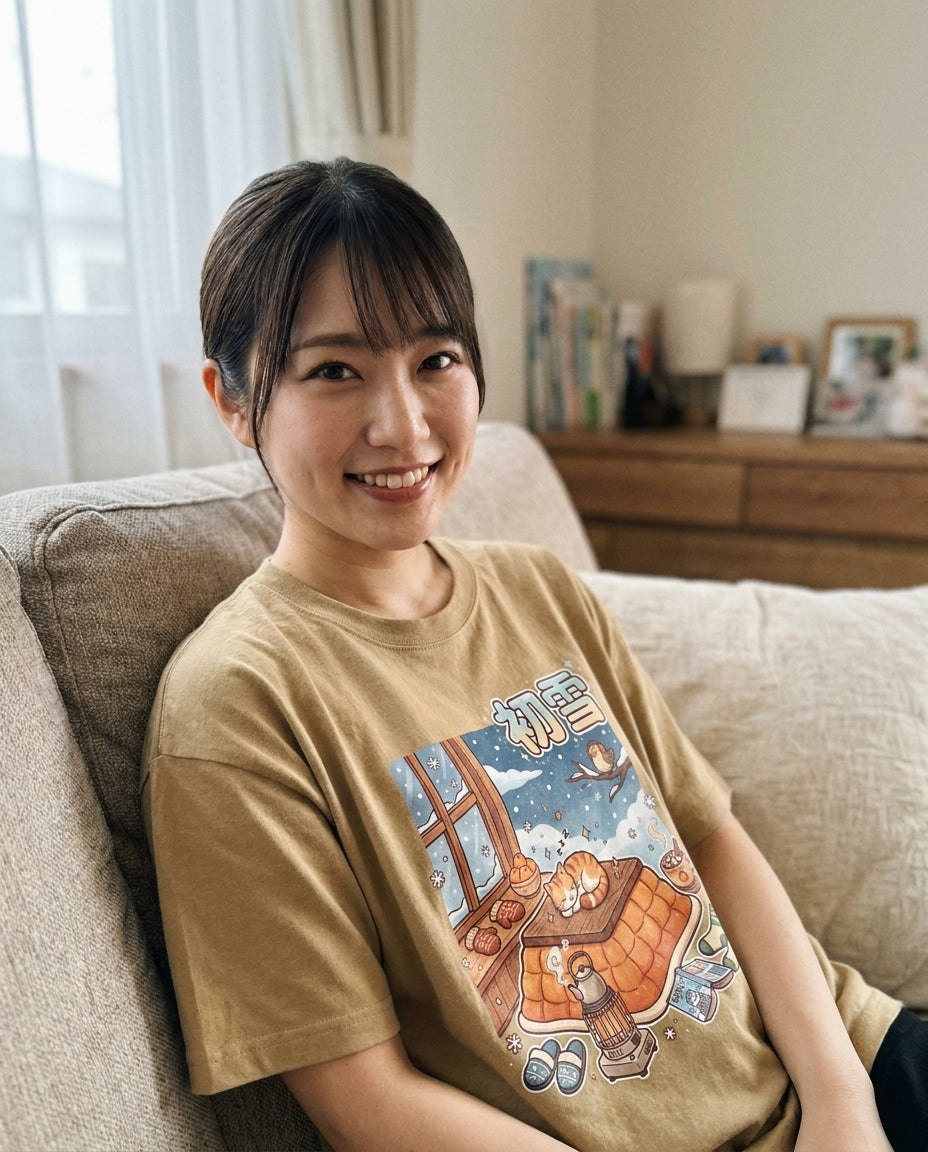 冬の猫と雪の和風アート オーバーサイズTシャツ | ストリートウェア
