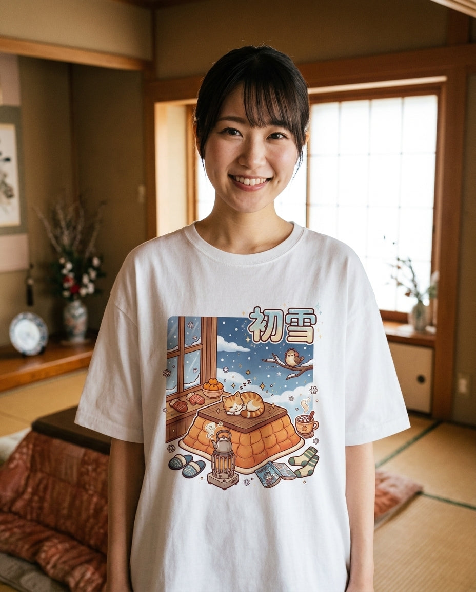冬の猫と雪の和風アート オーバーサイズTシャツ | ストリートウェア
