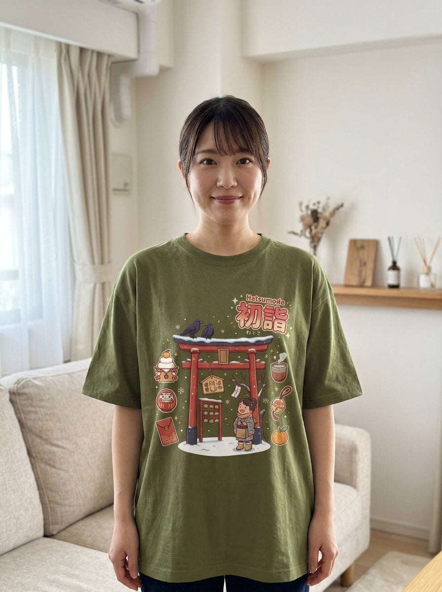 初詣 オーバーサイズTシャツ - 日本の新年お参りデザイン