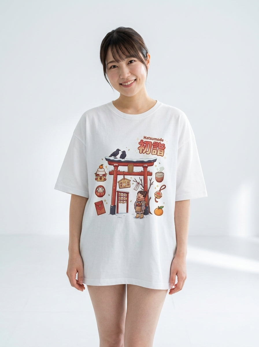 初詣 オーバーサイズTシャツ - 日本の新年お参りデザイン