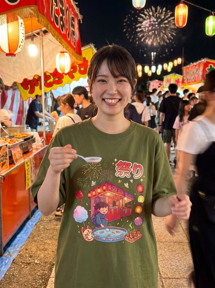 夏祭り夜 - ユニセックス オーバーサイズTシャツ