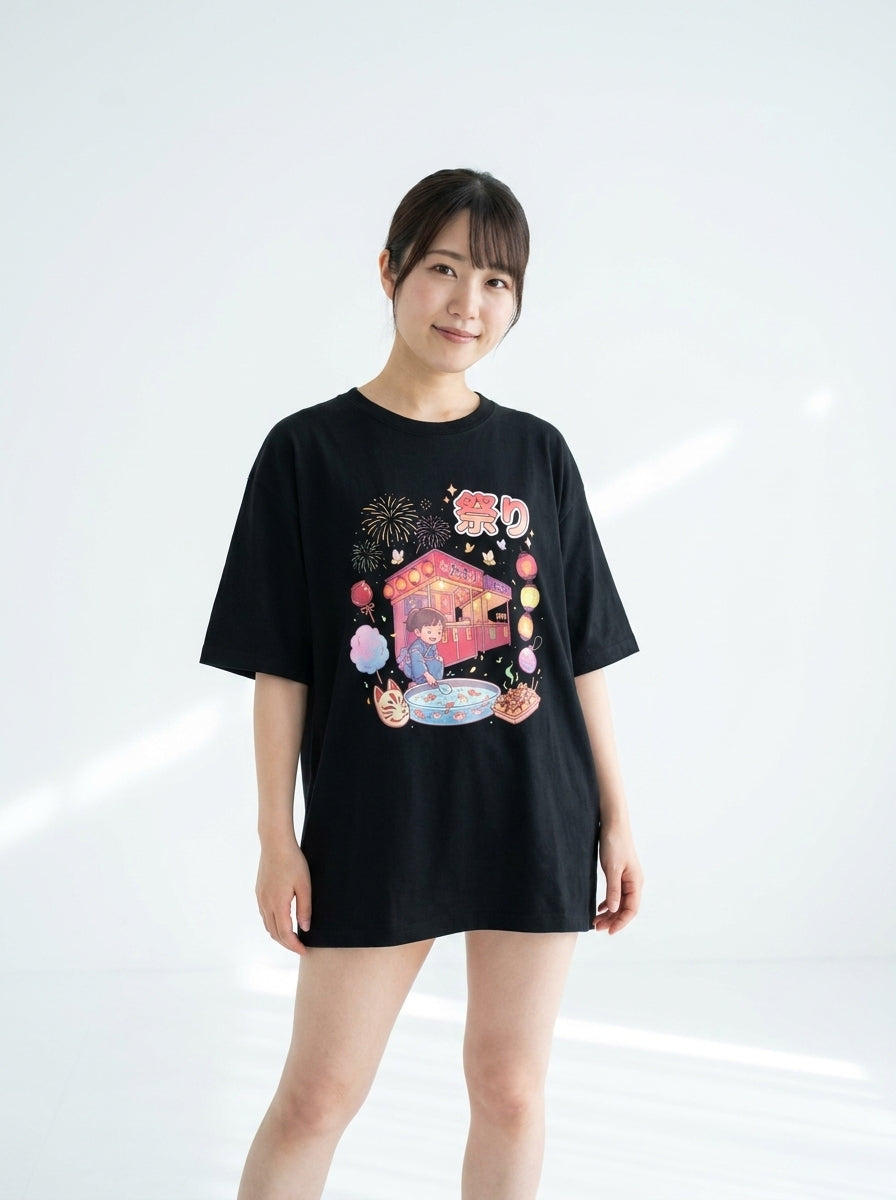 夏祭り夜 - ユニセックス オーバーサイズTシャツ