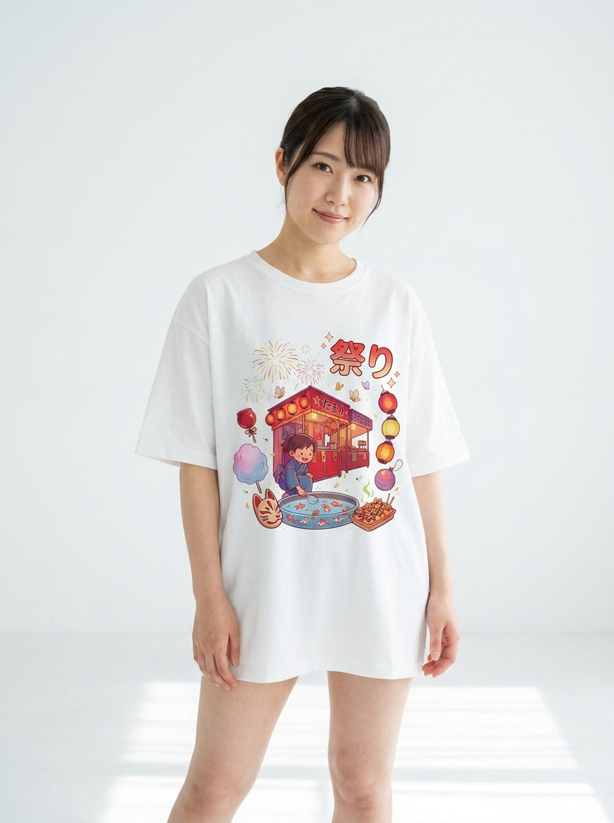 夏祭り夜 - ユニセックス オーバーサイズTシャツ