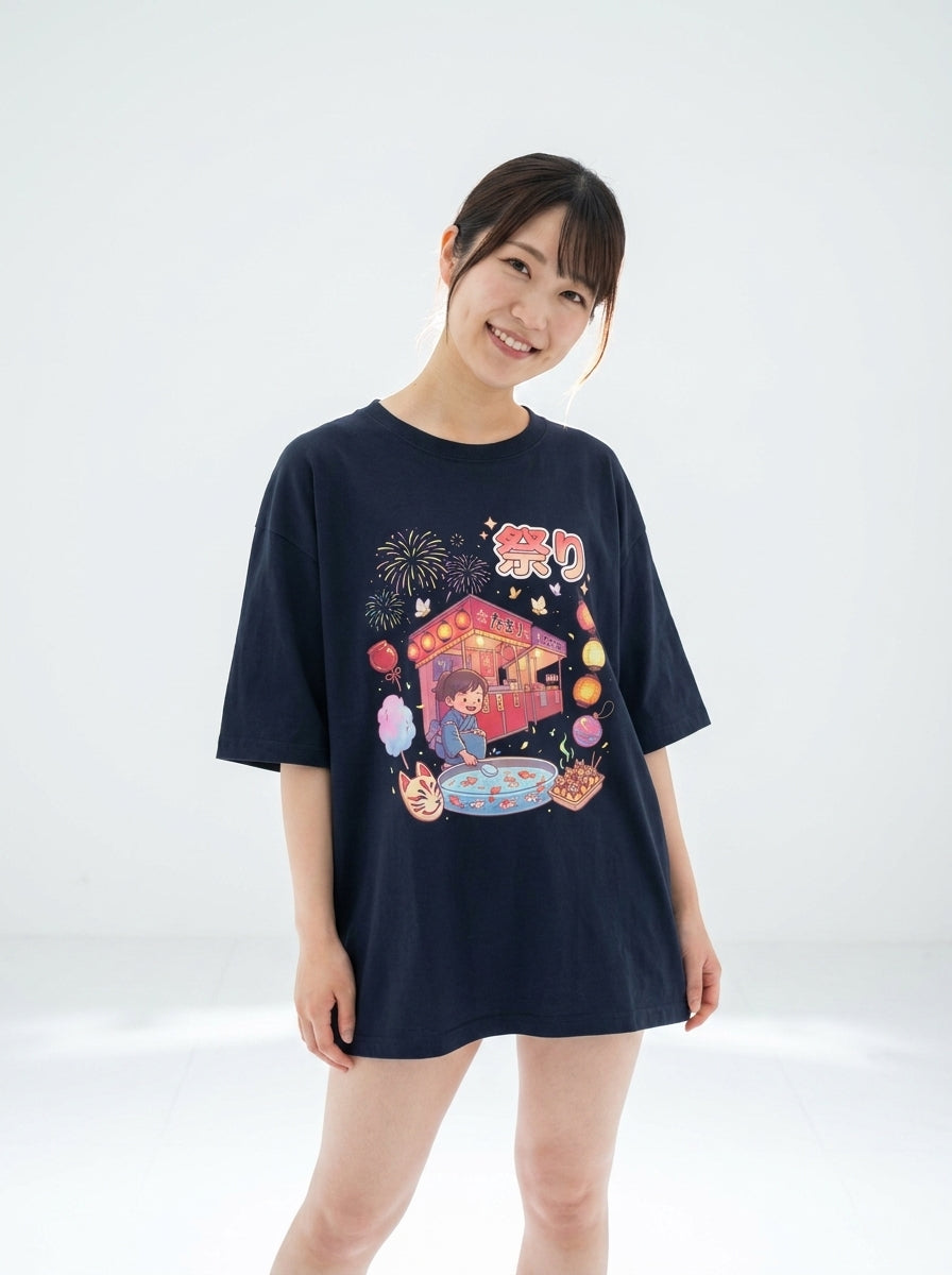 夏祭り夜 - ユニセックス オーバーサイズTシャツ