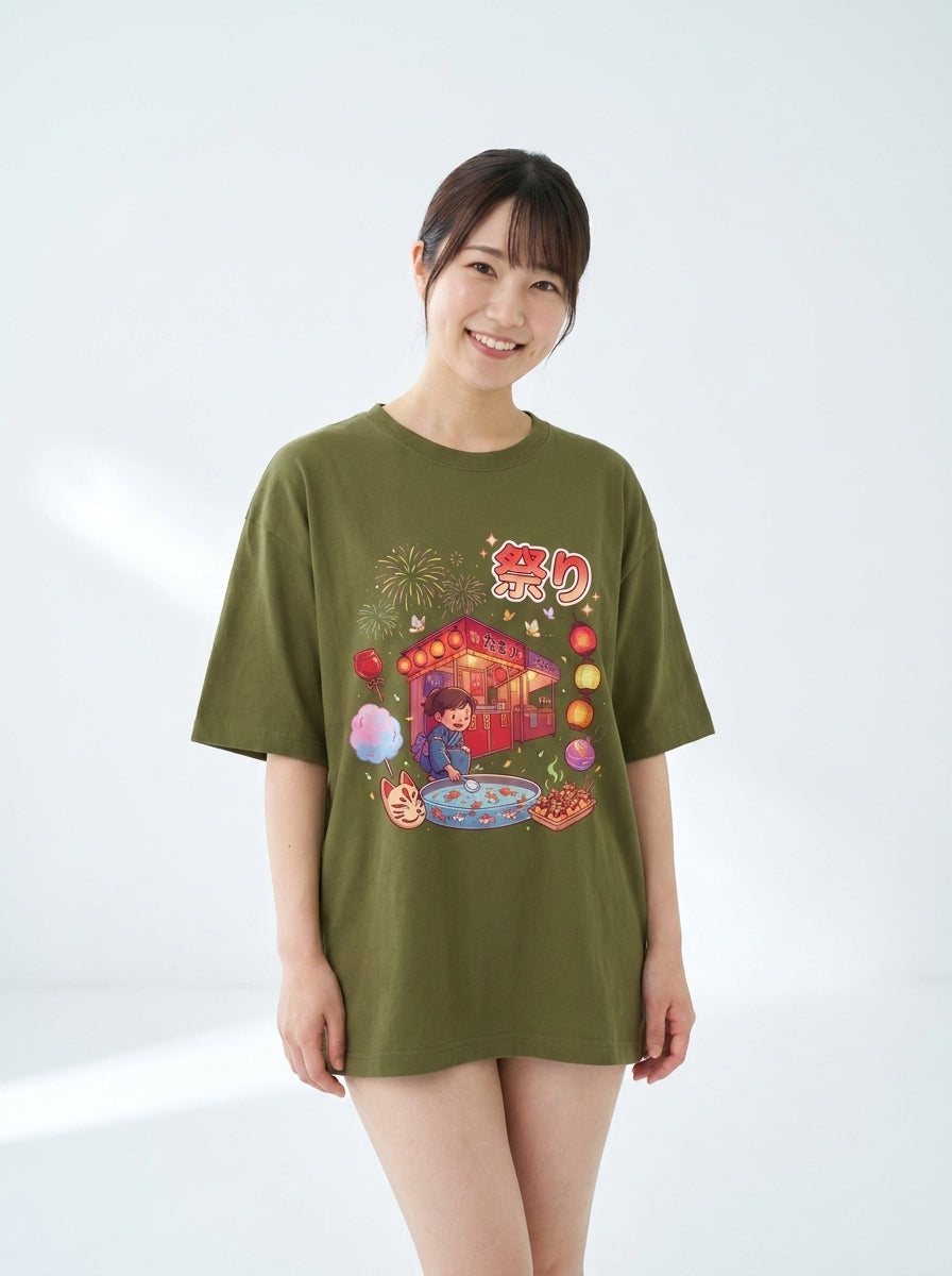 夏祭り夜 - ユニセックス オーバーサイズTシャツ