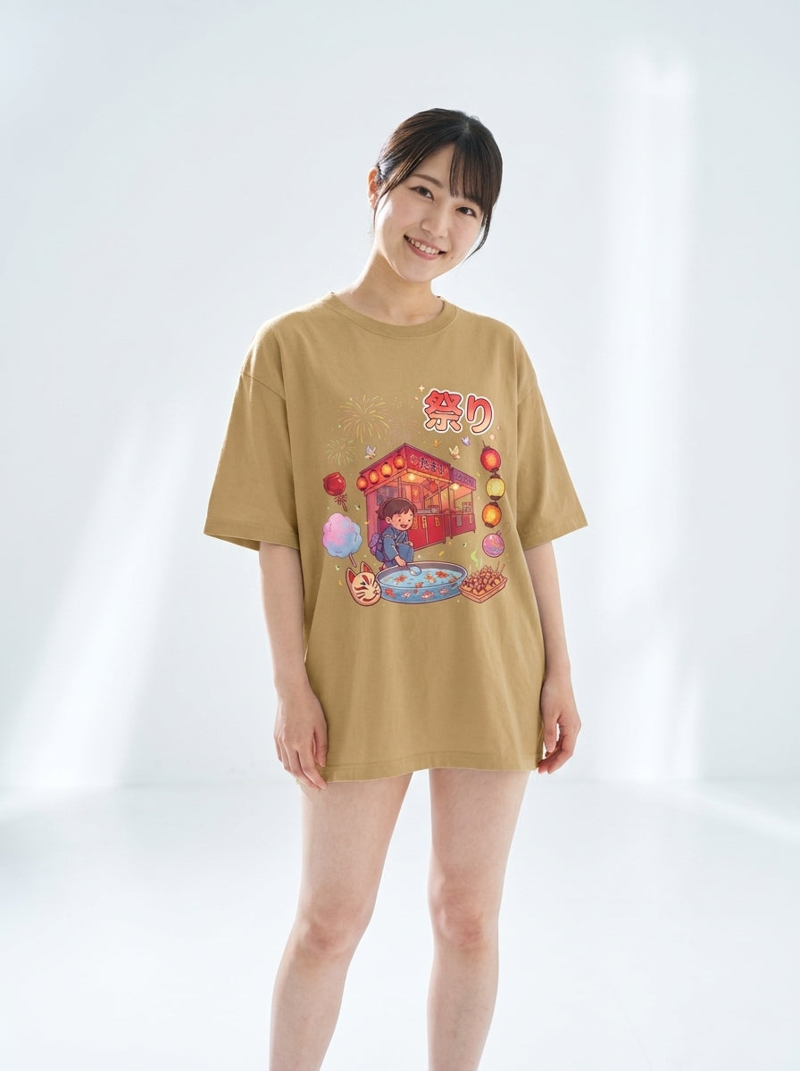 夏祭り夜 - ユニセックス オーバーサイズTシャツ