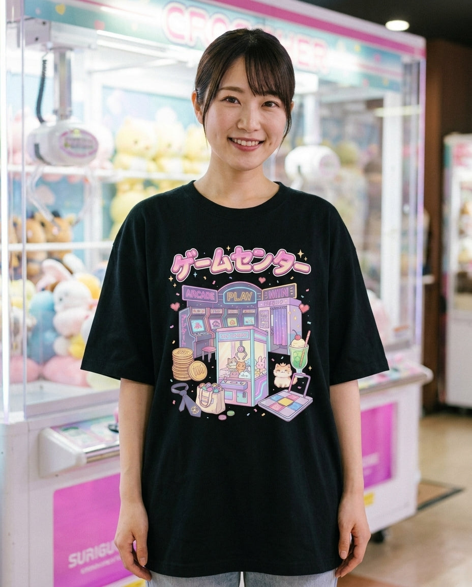 Retro Arcade & UFO Catcher Graphic Oversized Tee — virtual try-on